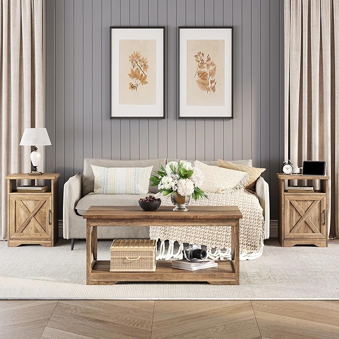 3-Piece Farmhouse Living Room Table Sets, Includes 1 x Coffee Table, 2 x End Tables with Charging Station & USB Ports, Rustic Coffee Table Set of 3, Barnwood