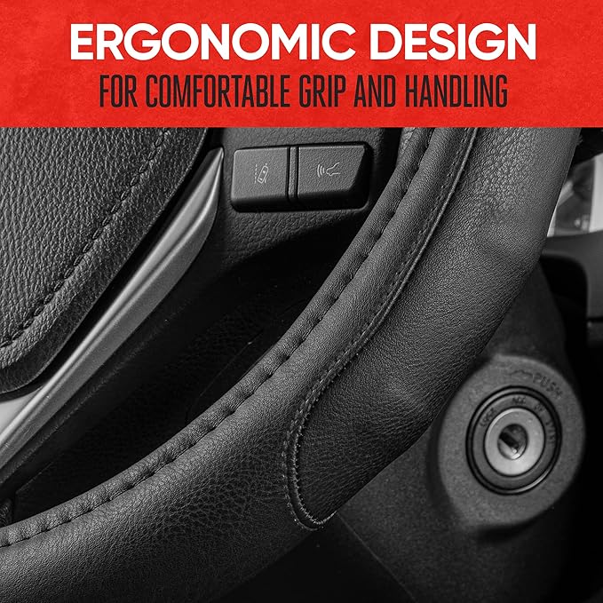 Motor Trend GripDrive Faux Black Leather Steering Wheel Cover for Car Truck Van SUV, Standard 15 inch Size, Solid Black Stitched Car Steering Wheel Cover Vehicle & Auto Accessories