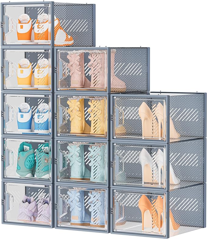SIMPDIY Shoe Storage, 12 Pack X-Large Shoe Organizer for Closet, Shoe Boxes Clear Plastic Stackable Shoe Storage Boxes for Size 13