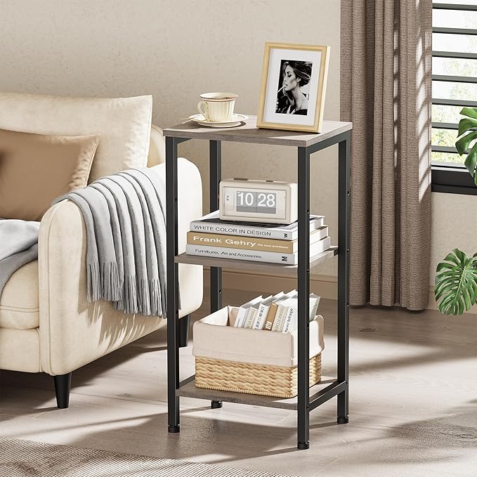 Small Grey Side Table, Tall End Table with Adjustable Shelf for Living Room, Grey Nightstand, Accent Table Stand for Home Decor, Office, Greige