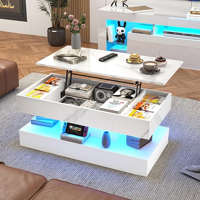 39.4" Large Lift Top Coffee Table, Modern LED High Glossy Coffee Table with Charging Station, Lights, Hidden Compartment Storage, Lift Center Tables for Living Room, Home Office, White