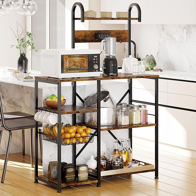 Shintenchi Kitchen Bakers Rack with Power Outlet, Multifunctional Organizer & Storage with 6 Hooks, Microwave Oven Stand, and Coffee Station Shelf, Vintage Brown
