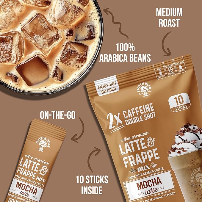The Frozen Bean Mocha Frappe & Latte Instant Mix (10 Sticks), Made with Arabica Coffee, Double Shot Caffeine, Low Sugar & Premium Ingredients, Hot, Iced, or Blended Drinks