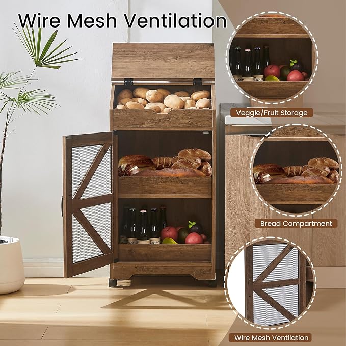 Potato Storage Bin with Wheels, Wood Potato and Onion Storage Cabinet with Lid, Movable Fruit and Vegetable Organizer Box, Large Bread Box for Kitchen