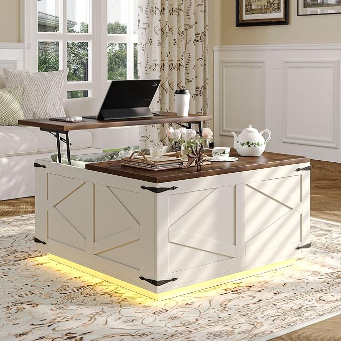 Farmhouse Lift Top Coffee Table, Square Wood Center Table with LED Lighting, USB-C Charging Station, and Hidden Storage Compartment - Rustic White & Oak Living Room Furniture