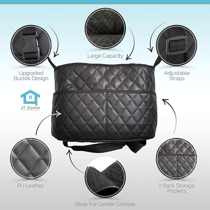 Car Net Pocket Handbag Holder Between Seats, Luxury Quilted PU Leather Purse Car Organizer With 2 Extra Pockets For Storage, Black