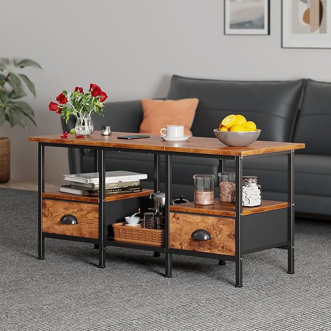 Furologee 35" Coffee Table with 2 Storage Drawers, Small Coffee Tables for Living Room, Industrial Center Table with 2 Tier Storage Shelf, Rustic Brown