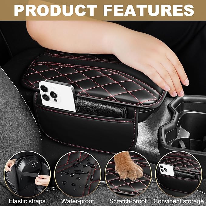 Center Console Cover Fit for CR-V: Scratch and Wear Resistant Console Cover Leather with 2 Storage Bags -Upgraded Armrest Coverfor Car,Anti-Scratch Auto Armrest Pad Accessory （Black&Red