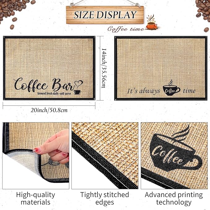 Cunhill 2 Pieces Coffee Bar Mat,Coffee Bar Accessories 20 x 14 Inch Coffee Bar Decoration Coffee Placemats for Coffee Machine, Coffee Bar, Countertops,Coffee Station Accessories(Coffee Time)