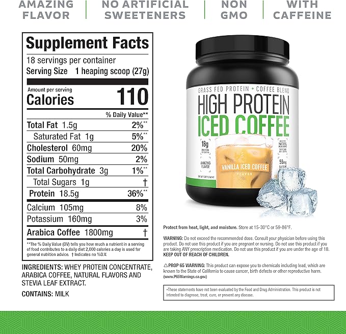 Iced Coffee, High Protein Coffee Keto Friendly, 18g of Protein, 2g Carbs, Natural Ingredients (18 Servings, Vanilla Latte)