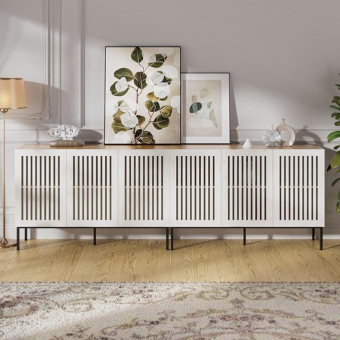 95" Farmhouse Buffet Cabinet with Grille Doors, Adjustable Shelves & 6 Doors, Storage Sideboard with Metal Base for Kitchen, Dining & Living Room, Antique White