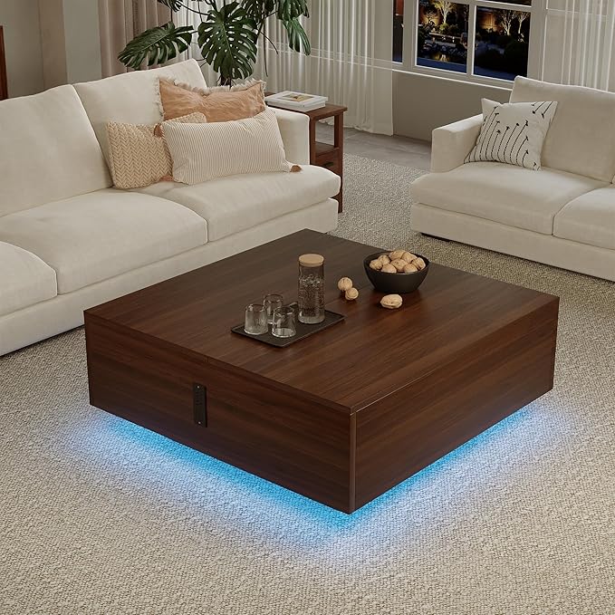 Square Lift Top Coffee Table, 31.5" Wooden Coffee Table with 2 Drawers & Hidden Storage, LED Lights & Charging Station, Mid Century Modern Center Table for Living Room Home Office (Walnut)