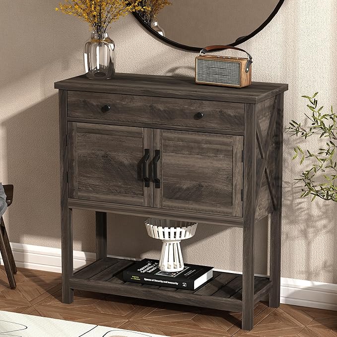 ChooChoo Farmhouse Console Table, Entryway Table with Storage Shelf, Coffee Bar Cabinet, Narrow Buffet Sideboard for Kitchen, Hallway, Living Room, Ash Gray