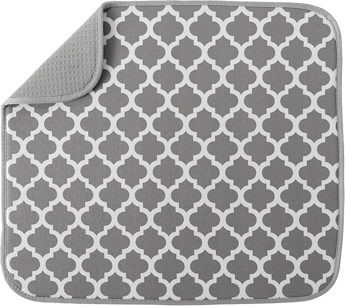 S&T INC. Dish Drying Mat, 16” x 18”, Absorbent Microfiber Kitchen Counter Mat, Dish Drying Pad for Dishes, Utensils, Pots and Pans, Large, White Trellis