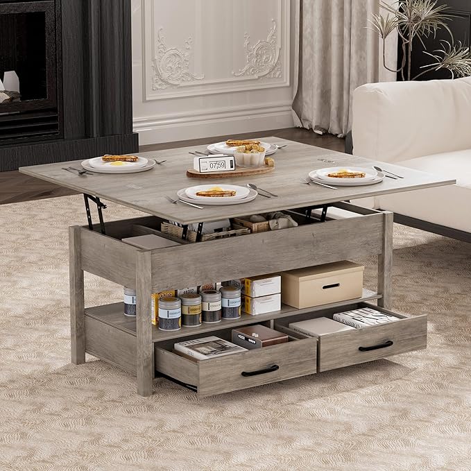 42'' Lift Top Coffee Table, 4-in-1 Multifunctional Lift Coffee Table with Storage & Hidden Compartments, Farmhouse Coffe Table with Lifting top for Living Room, Dining Reception Room, Grey