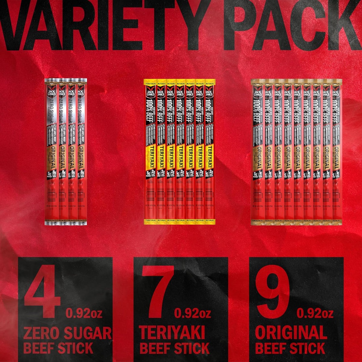 Jack Link's Beef Jerky Sticks Variety Pack - Original, Teriyaki & Zero Sugar - Made with 100% Real Beef - Ready to Eat Real Meat Protein Snacks - 5g Protein per Serving - (20 Pack) 0.92 oz