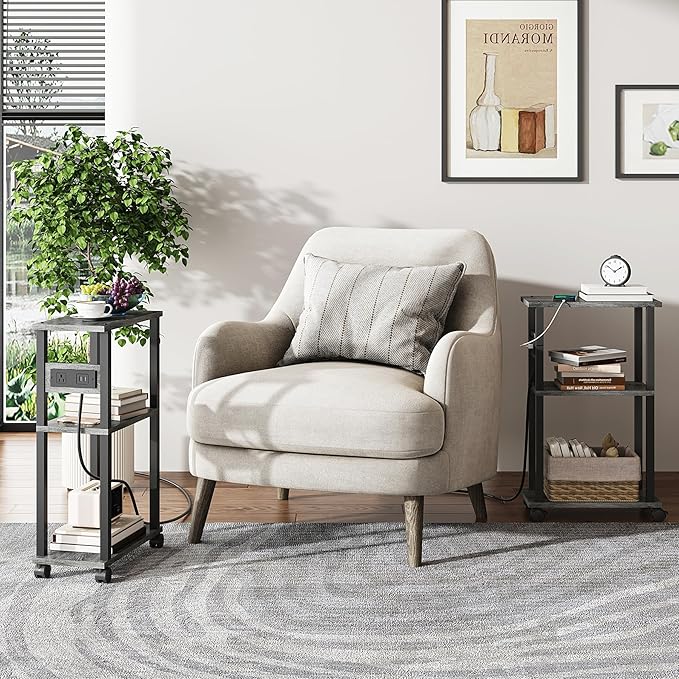 TUTOTAK Small Narrow Side Table with Charging Station, Skinny End Table for Small Spaces, Slim Nightstand with USB Ports and Outlet, Sofa Beside Table with Wheels, Charcoal Grey TB01BY046