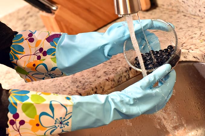 Finnhomy Household Gloves Latex free cleaning Gloves with soft fiber lining extra long cuff 15" and Vinyl Textured Grip 2 PairSmall, Mixed
