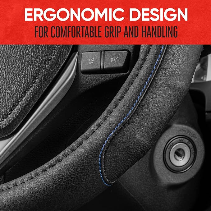 Motor Trend GripDrive Pro Synthetic Leather Auto Car Steering Wheel Cover Black w/ Blue Accent Stitching Comfort Grip - Small 13.5 to 14.5 inch