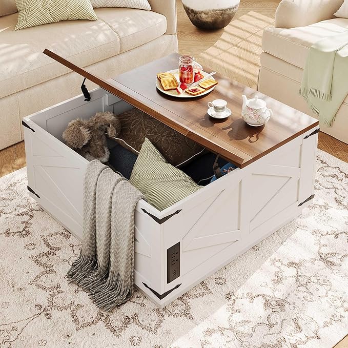 Farmhouse Lift Top Coffee Table, Square Wood Center Table with LED Lighting, USB-C Charging Station, and Hidden Storage Compartment - Rustic White & Oak Living Room Furniture