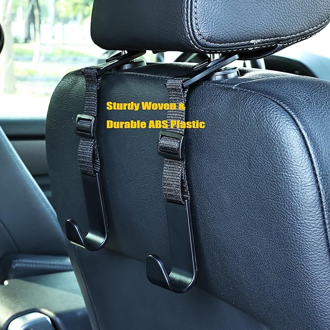 Amooca Headrest Hooks for Car Adjustable 4 Pack Vehicle Seat Back Organizer Storage Hanger Holder for Purse Bags Universal Fit Black