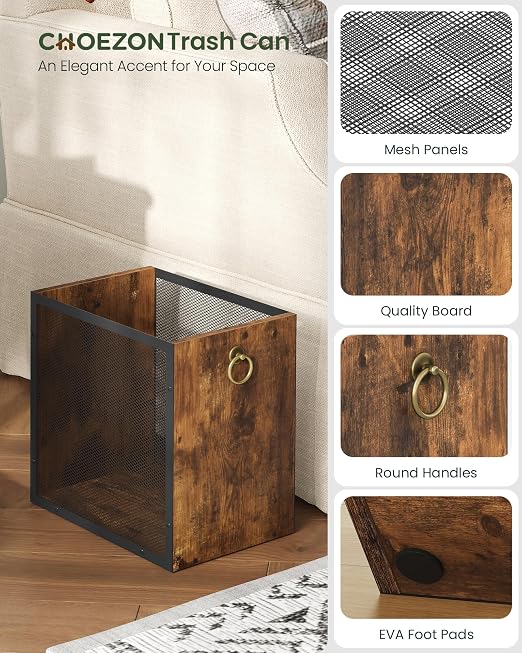 CHOEZON Waste Basket, 4.5 Gallon Rectangular Garbage Container, Trash Can, Trash Bin, for Bedroom, Office, Bathroom, Kitchen, Waste Rustic Brown and Black TCW33BF