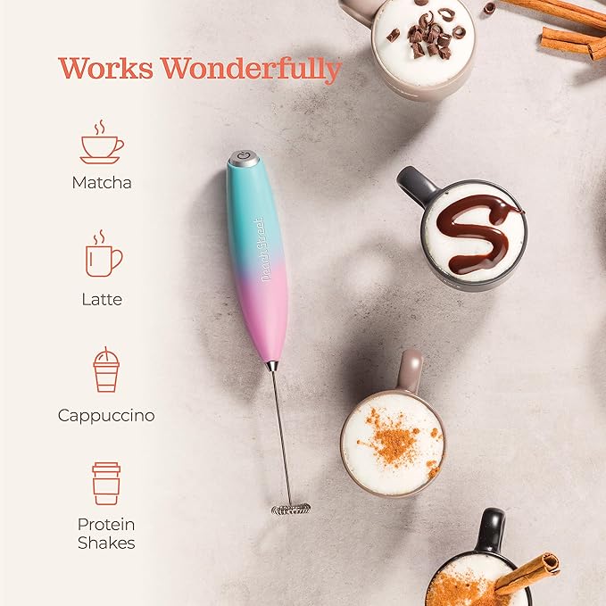 Powerful Handheld Milk Frother, Mini Milk Foamer, Battery Operated (Not included) Stainless Steel Drink Mixer with Frother Stand for Coffee, Lattes, Cappuccino, Frappe, Matcha, Chocolate (Teal/Pink)