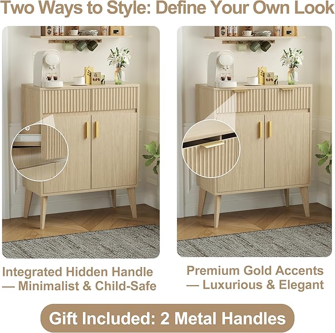 Sideboard Storage Cabinet with 2 Drawers & 2 Doors, Fluted Kitchen Buffet Cabinet with Adjustable Shelves, Coffee Bar Station for Living Room, Entryway, 13.8 x 27.6 x 35.6 in., Natural Wood