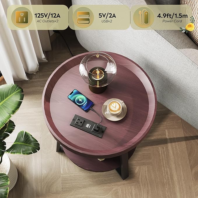 WLIVE Round End Table with Charging Station, Small Round Coffee Table, 2 Tier Side Table for Living Room/Bedroom, Sofa Couch, Wood Tabletop & Metal Frame, Brown