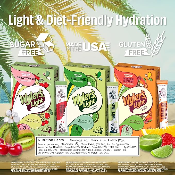 Wyler’s Light Water Flavoring Packets – Tropical Variety 6 Pack, 2 of Each Flavor – Kiwi Lime, Shirley Temple, Rainbow Sherbet – Sugar Free Singles To Go Drink Mix Packets – Flavored Water Enhancers