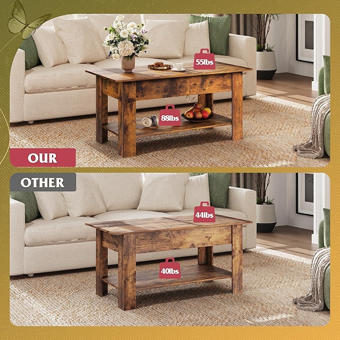 WLIVE Coffee Table, 39" Lift Top Coffee Table with Hidden Compartment, Storage Shelf and Lifting Top for Home Living Room, Office and Reception Room, Brown