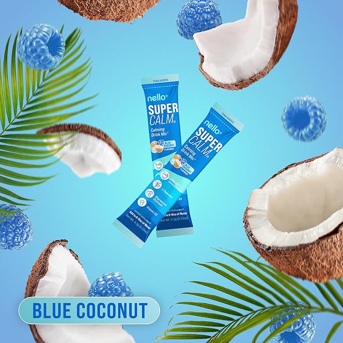 Nello Supercalm Drink Mix with Magnesium Glycinate, KSM 66 Ashwagandha, Vitamin D3 and L Theanine, Calm Powder Supplements for Relaxation Support, No Sugar, Travel Packets, 20 Ct, Blue Coconut