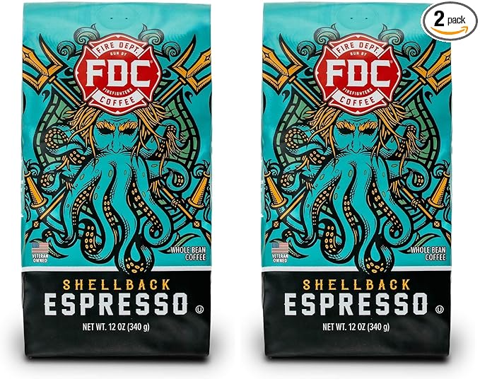 Fire Department Coffee Shellback Espresso Medium Roast Whole Bean Coffee - 12 oz (12 Pack) - Gives Back to Firefighters - Roasted in the USA - Veteran Owned