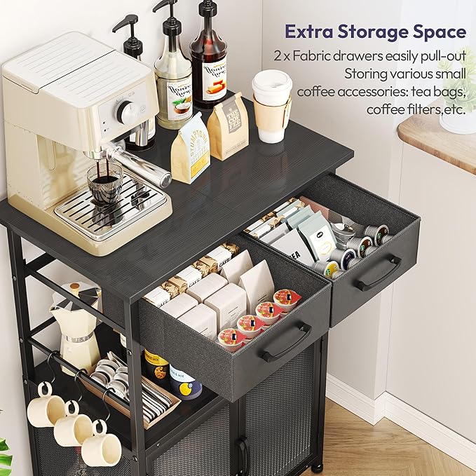SWTYMIKI Coffee Bar Cabinet with Drawer - 20.47" Coffee Stand Station with Removable Hooks, Buffet Cabinet for Coffee Maker or Microwave, Kitchen Bar Table Storage Organizer, Black