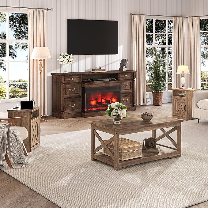 3-Piece Farmhouse Living Room Table Sets, Includes 1 x Coffee Table, 2 x End Tables with Charging Station & USB Ports, Rustic Coffee Table Set of 3, Barnwood