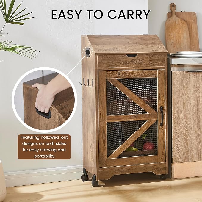 Potato Storage Bin with Wheels, Wood Potato and Onion Storage Cabinet with Lid, Movable Fruit and Vegetable Organizer Box, Large Bread Box for Kitchen