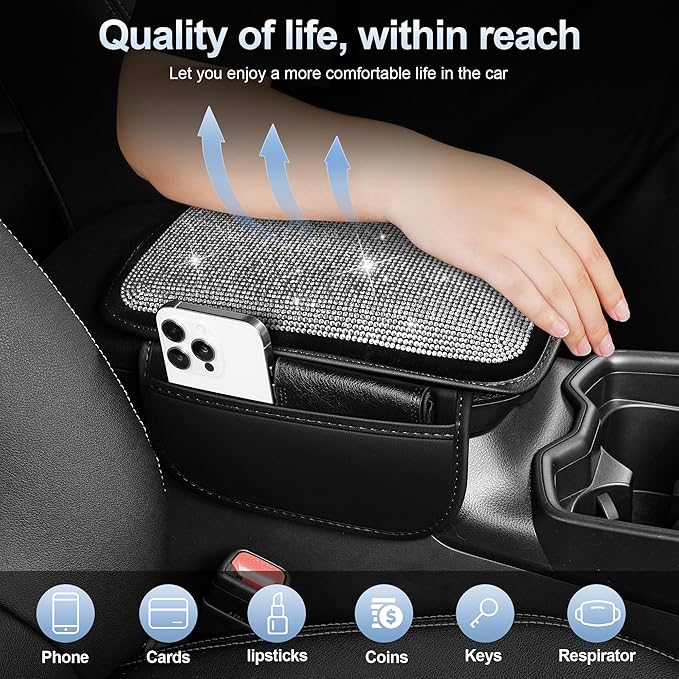 Center Console Cover Fit for XT4: Upgraded Diamond Auto Middle Console Cover - Crystal Rhinestone Armrest Cover for Car with 2 Storage Bags,Anti-Scratch Auto Armrest Pad Accessory （Black