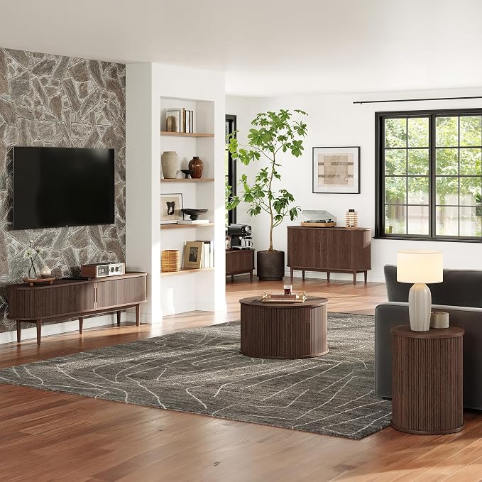 LINSY HOME Round Coffee Table, 31.5" Drum Coffee Table with Sliding Tambour Door, Fluted Accent Center Table with Storage, Mid Century Modern Coffee Table for Living Room, Walnut