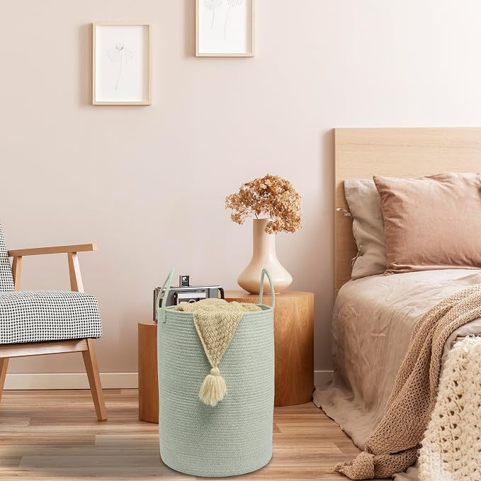 XUANGUO Cotton Rope Laundry Basket Hamper for Clothes Woven Storage Basket for Living Room Bedroom Boho Tall Rope Baskets for Blanket Toys Pillow Towels Baby Nursery Hamper Bin green Large