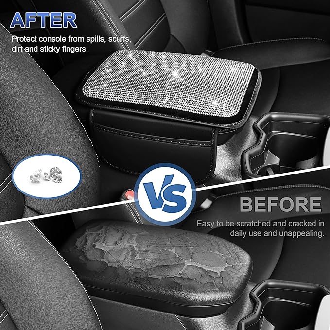NUWQICD Bling Center Console Cover Fit for Nissan Altima 1993-2025: Crystal Rhinestone Automotive Armrest Cushion-Stylish Diamond Arm Rest Protection Mat(Black)