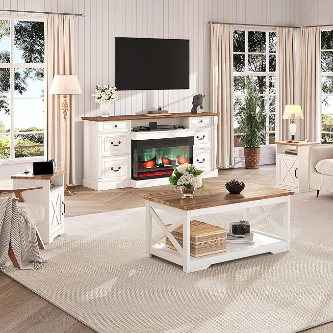3-Piece Farmhouse Living Room Table Sets, Includes 1 x Coffee Table, 2 x End Tables with Charging Station & USB Ports, Rustic Coffee Table Set of 3, Distressed White