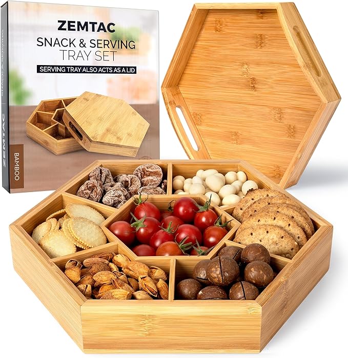 Snack Tray with Lid That Doubles as a Serving Tray – 13"x11" Bamboo Wooden Dry Fruit Tray for Nuts & Candy, Decorative Trays for Home Decor, Coffee Table or Ottoman Use (Bamboo, 13"x11")