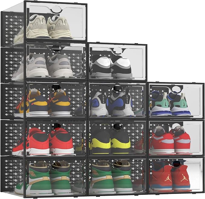 Pinkpum 12 Pack XXL Shoe Storage Box Fit for Size 14, Clear Plastic Stackable Shoe Organizer for Closet, Shoe Containers Sneaker Storage Clear and Black
