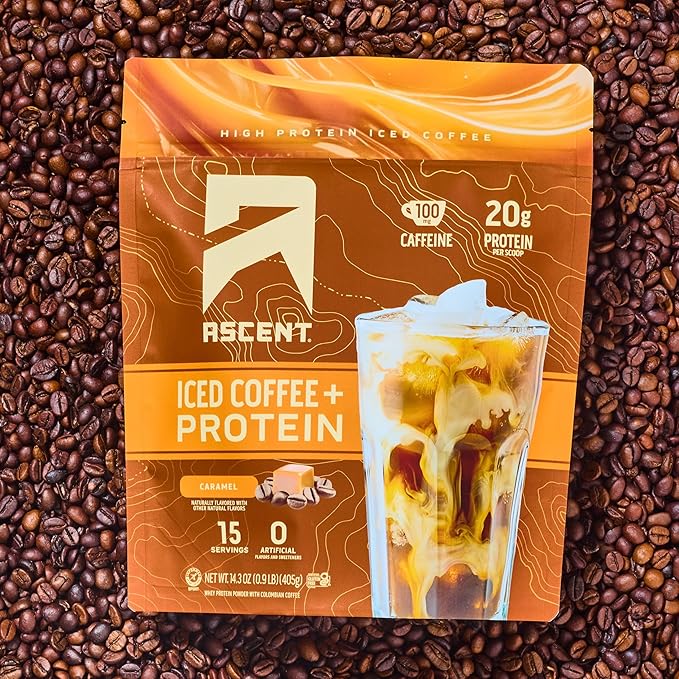 Ascent Caramel Iced Coffee Protein Powder - High Protein Powder, 20 g Protein & 100 mg Caffeine from Premium Colombian Coffee, Zero Artificial Flavors & Sweeteners - 15 Servings
