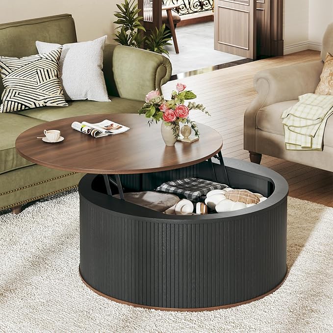 Round Coffee Table with Storage, 31.5" Lift Top Coffee Table, Mid Century Modern Coffee Tables for Living Room, Apartment Office, Fluted Table with Rustic Wood Desktop