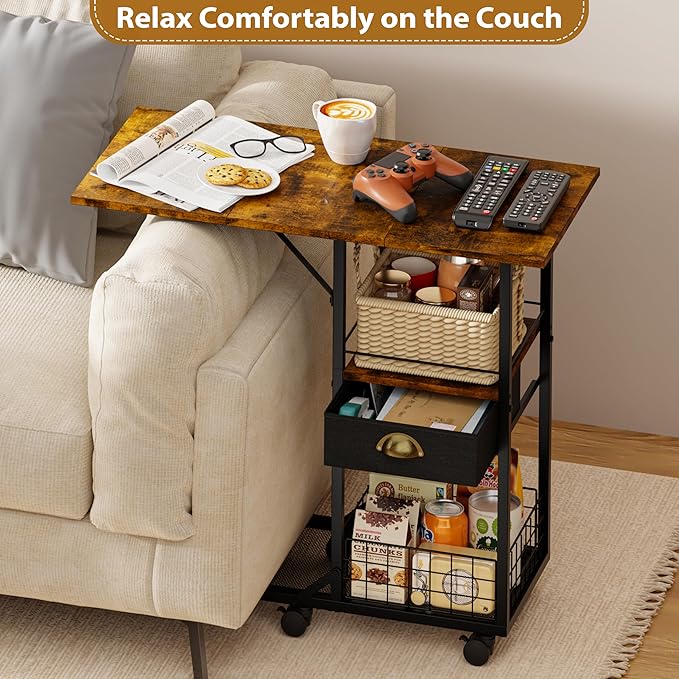 Rolling Coffee Table with Oversized Double-Wide Wood Top, Mobile Tv Tray with Storage Drawer and Wheels for Sofa, Portable Side Table for Living Room, Home Office, Spacious Desk for Working Studying