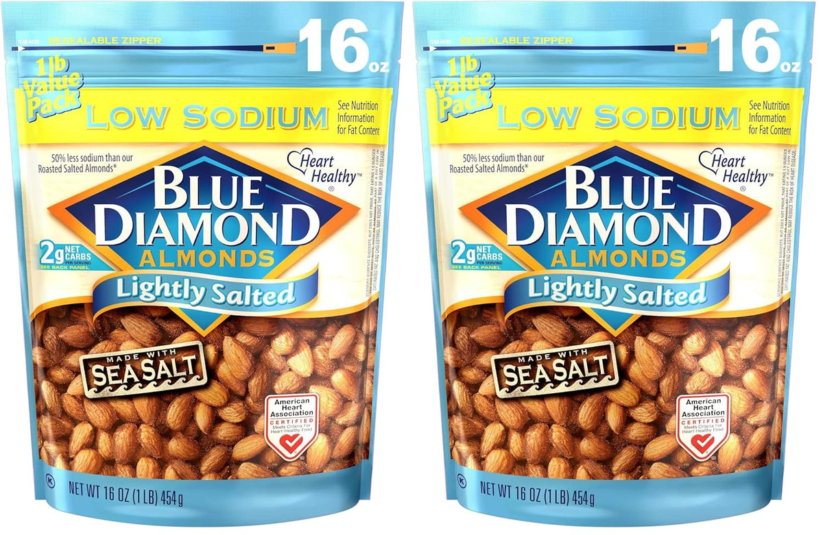 Blue Diamond Almonds Low Sodium Lightly Salted Snack Nuts, 16 Oz Resealable Bag (Pack of 1)