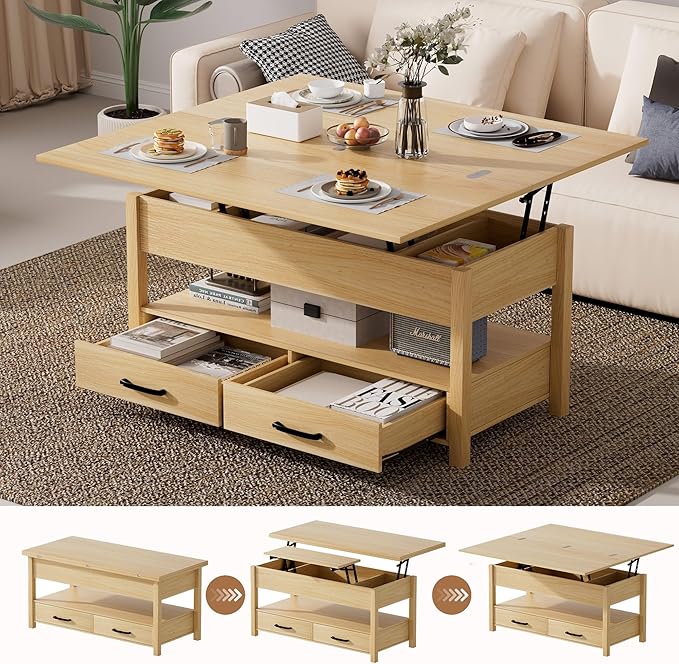 42'' Lift Top Coffee Table, 4-in-1 Multifunctional Lift Coffee Table with Storage & Hidden Compartments, Farmhouse Coffe Table with Lifting top for Living Room, Dining Reception Room, Wood