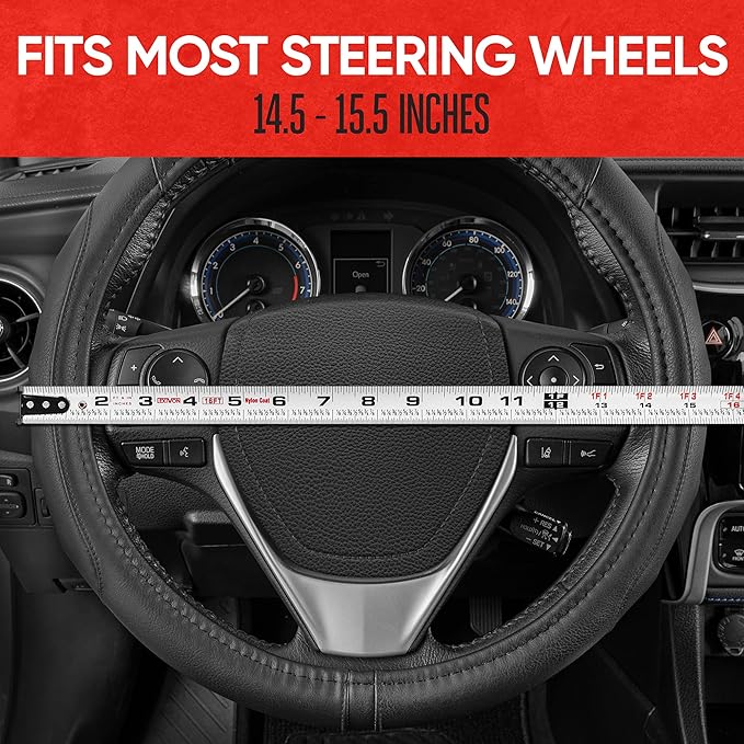 Motor Trend GripDrive Faux Black Leather Steering Wheel Cover for Car Truck Van SUV, Standard 15 inch Size, Solid Black Stitched Car Steering Wheel Cover Vehicle & Auto Accessories