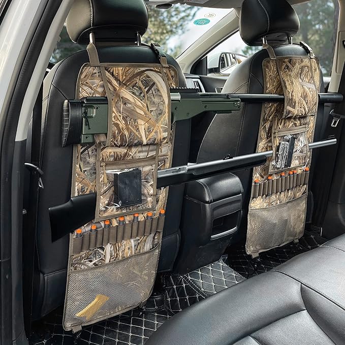 MYDAYS 2 Pack Seat Back Gun Rack, Camo Front Seat Gun Organizer with Bullet Pocket Vehicle Gun Holder for Hunting Rifles/Shotguns